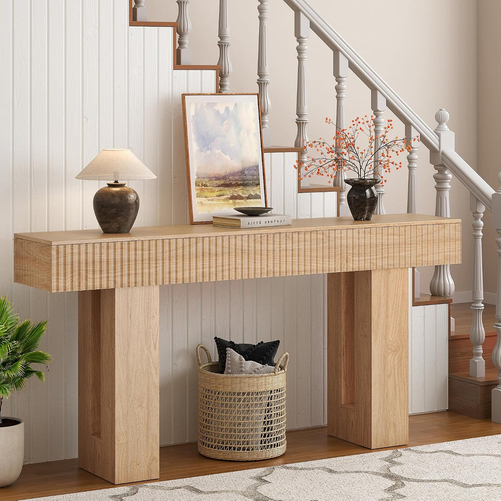 63-Inch Long Entryway Console Table with a Fluted Design, Thick Wood Farmhouse Sofa Table Behind Couch, Narrow Hallway Accent Table for Living Room, Foyer, Entrance, Natural Oak