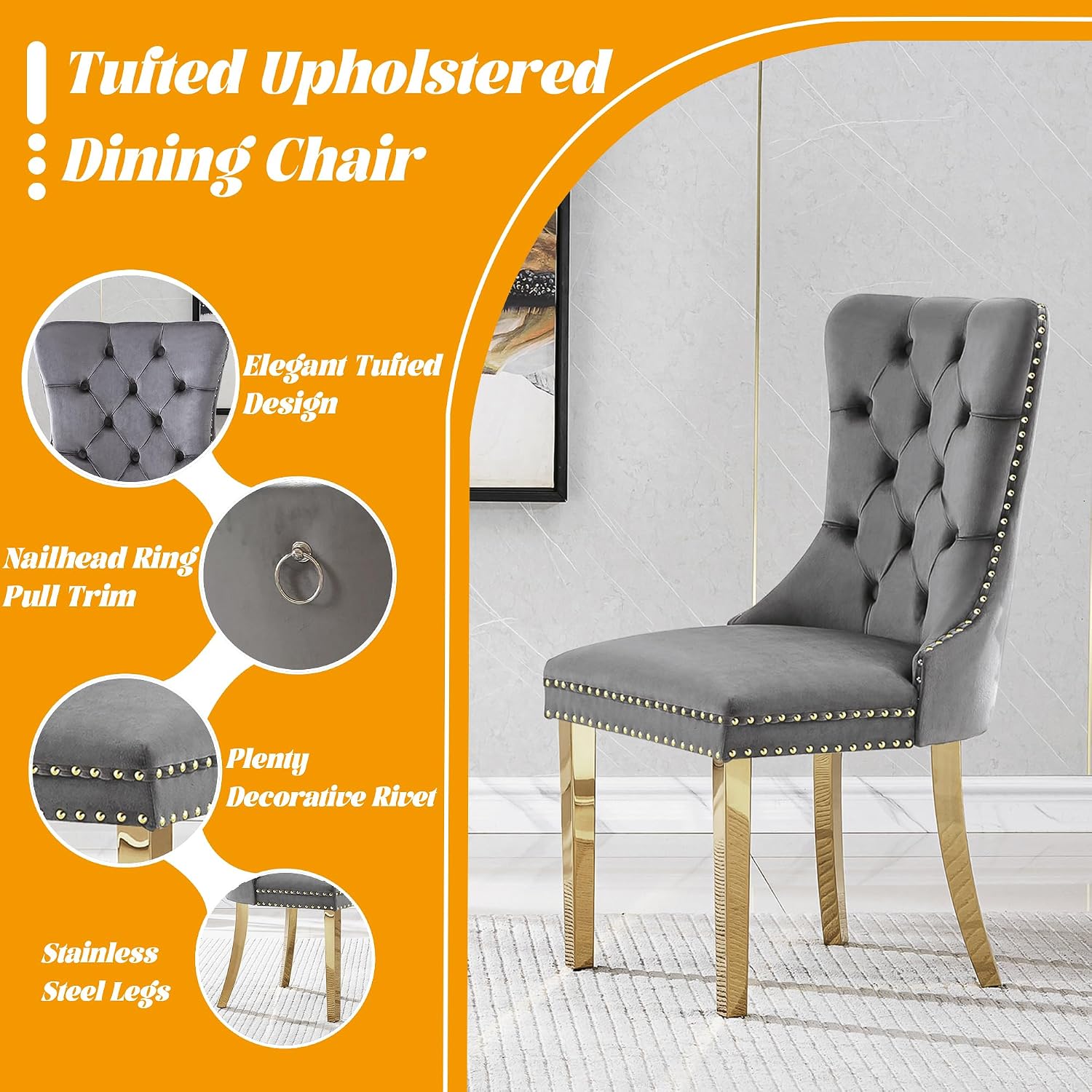 Glass Dining Table Set for 4, 5-Piece Round Tempered Glass Kitchen Table Set with 4 Velvet Upholstered Dining Chairs for Living Room, Kitchen, Small Apartment (Gold,Gray)