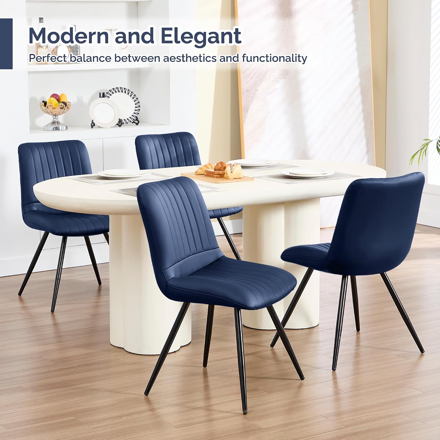 Dining Chairs Set of 2, Modern Dining Chairs with Thick Cushions, Faux Leather Upholstered Kitchen Dining Room Chairs with Metal Legs for Dining Living Room (Navy Blue)