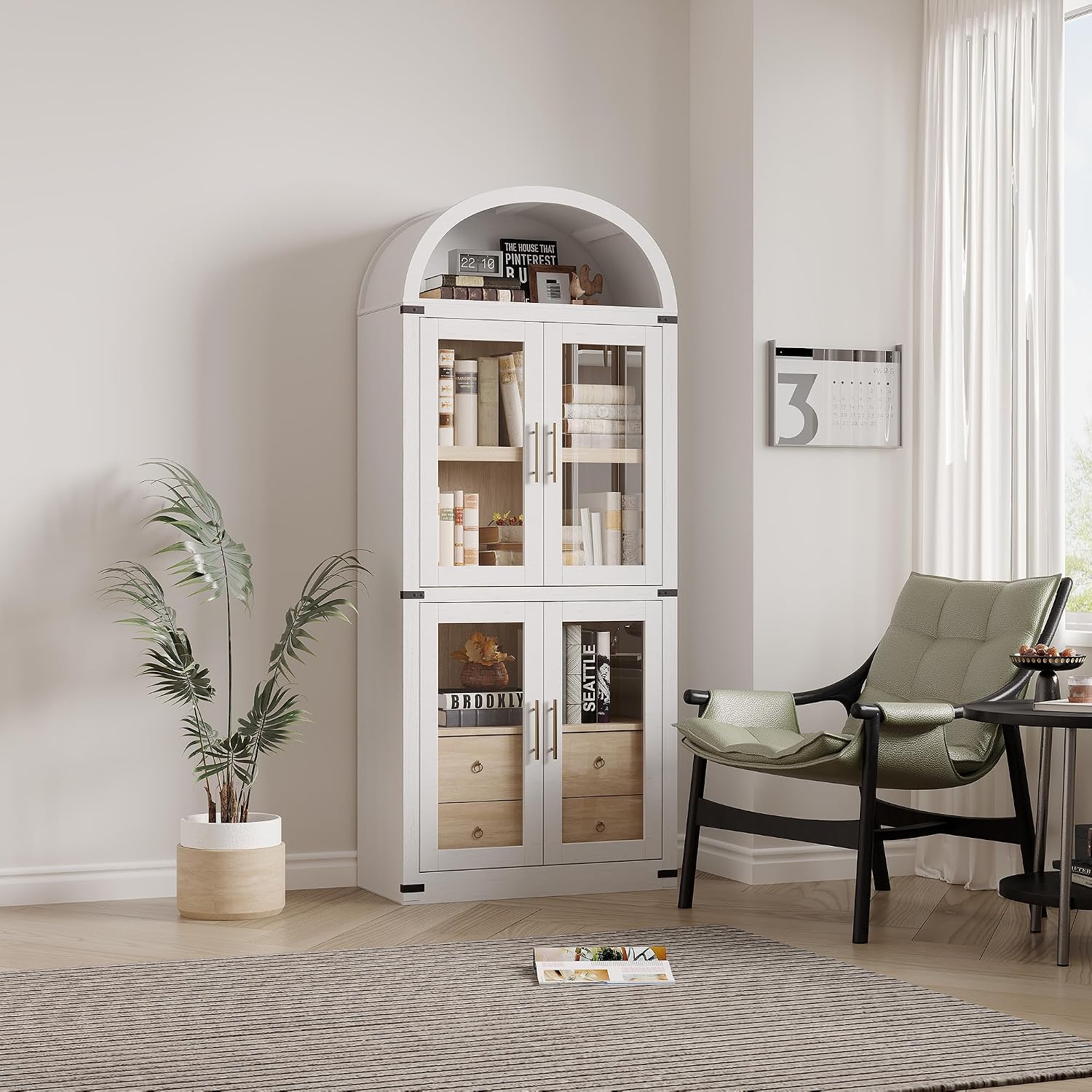 IDEALHOUSE Arched Kitchen Pantry Cabinet,71'' Wood Storage Cabinets Bookcase,Farmhouse Storage Display Cabinet with Glass Doors,2 Large Drawers,Versatile Cupboard for Living Room,Dining Room(White)