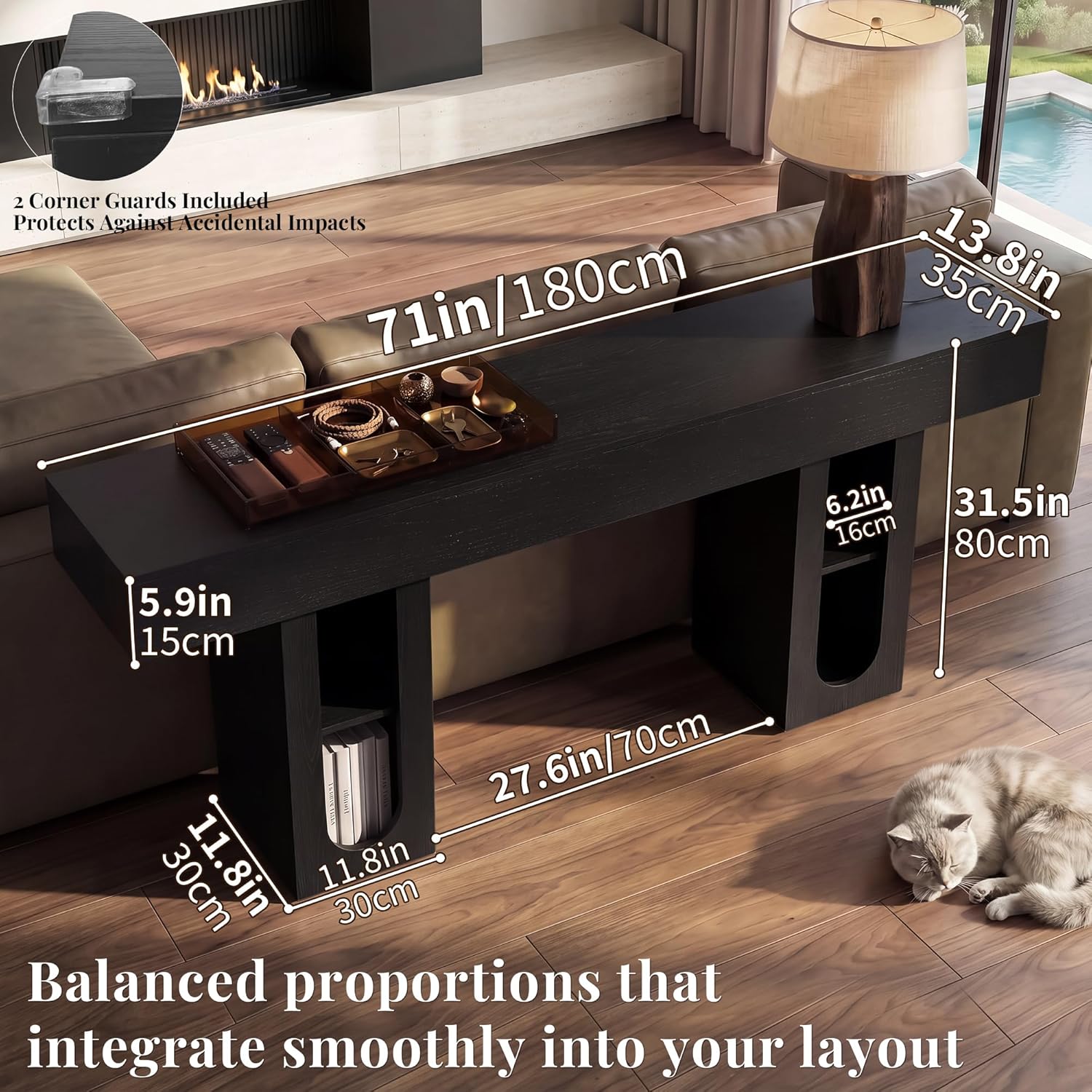 71" Entryway Console Table with Outlets & Storage-Black | 5.9" Thick Top,Zero Wobble,Behind Large Couch,Extra Long,Anti-Tip,Modern Farmhouse,Dense MDF,Living Room,Hallway,300lbs Load