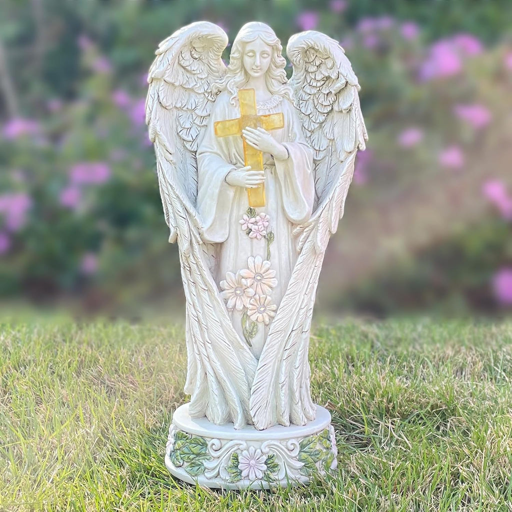 Angel Statue for Garden, Solar Angel for Cemetery Decorations, Unique Funeral Memorial Gifts, Praying Angel Cross Memorial Statue