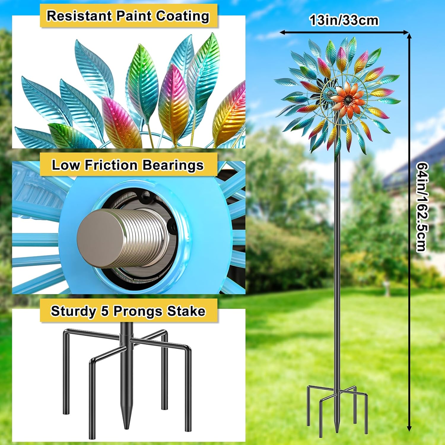 64in Wind Spinners Outdoor, Garden Wind Spinner Windmill with 5 Prong Base Stand, Metal Pinwheels for Yard Lawn Yard Art Outdoor Decor(A-Colorful)