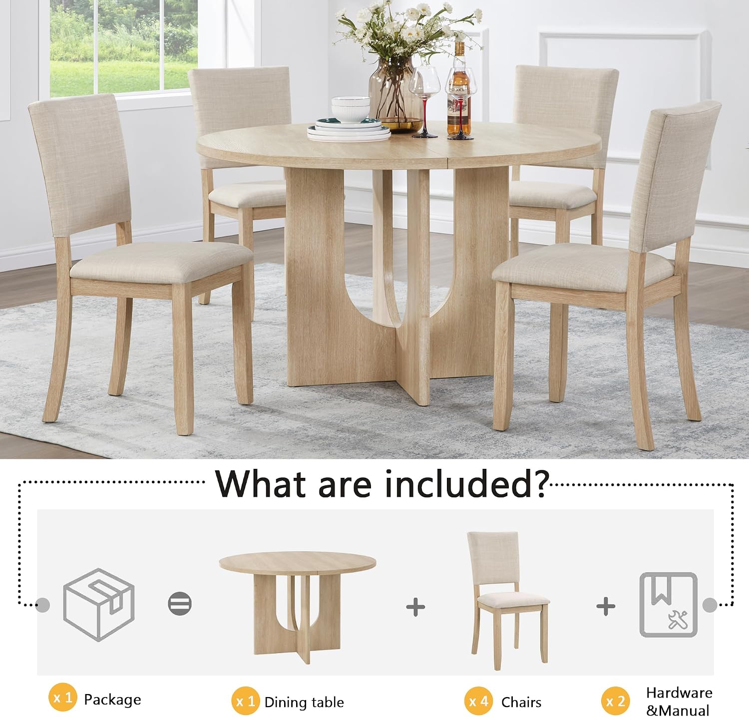 JIJIWANG 47.3" 5-Piece Round Dining Table Set with 4 Upholstered Dining Chairs, Modern Round Dining Table Set for 4 for Living Room Kitchen Light Oak & Beige