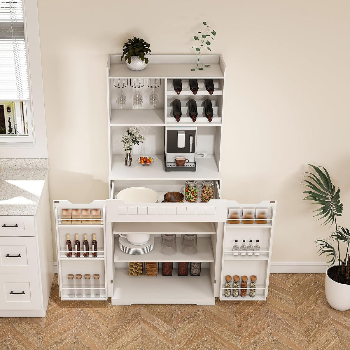 70.8" Tall Pantry Cabinet with Hutch, Sideboard Storage Cabinet with Drawer for Dining Room, Living Room, Wine Bar Cabinet for Liquor and Glasses for Coffee Bar, White
