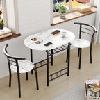 JUMMICO 3-Piece Wooden Round Table & Chair Set (White/Black) | Kitchen Breakfast Nook Wood Grain Tabletop with Metal Frame and Built-in Wine Rack for Kitchen, Dining Room