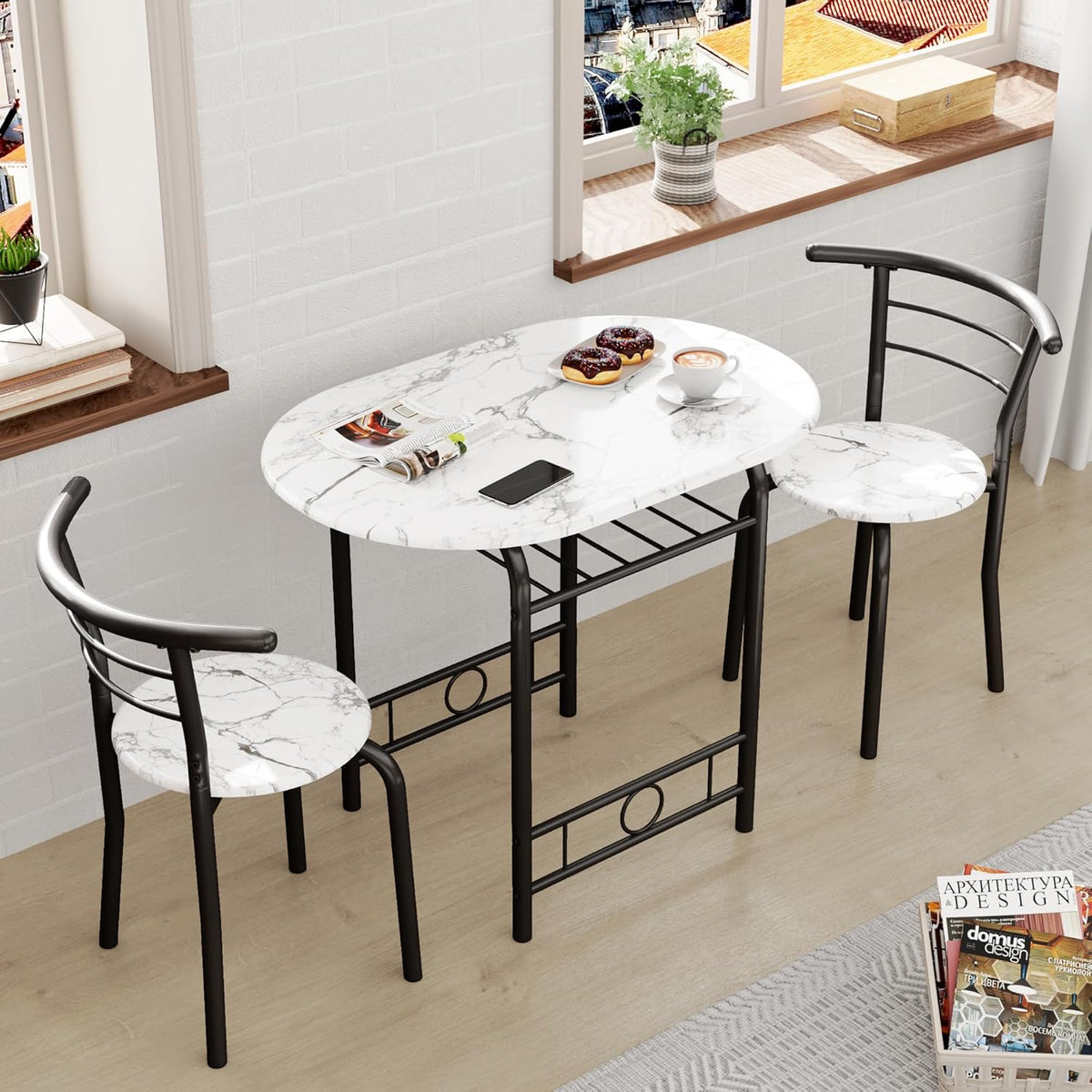 JUMMICO 3-Piece Wooden Round Table & Chair Set (White/Black) | Kitchen Breakfast Nook Wood Grain Tabletop with Metal Frame and Built-in Wine Rack for Kitchen, Dining Room
