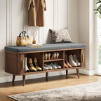 Decofy Shoe Storage Bench with Cushion and Sliding Doors, 47.2 Inch Shoe Bench with Storage, Freestanding Entryway Bench with Shoe Storage, with Solid Wood Legs, for Hallway & Entrance Hall, Walnut