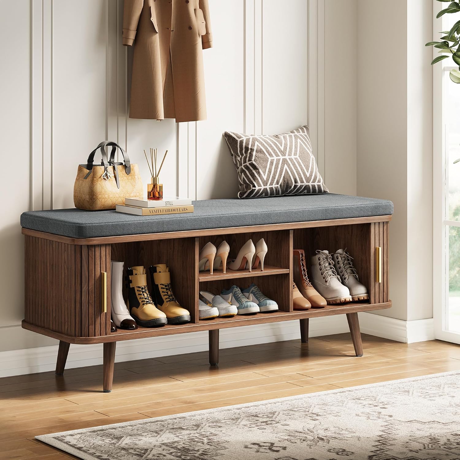 Decofy Shoe Storage Bench with Cushion and Sliding Doors, 47.2 Inch Shoe Bench with Storage, Freestanding Entryway Bench with Shoe Storage, with Solid Wood Legs, for Hallway & Entrance Hall, Walnut