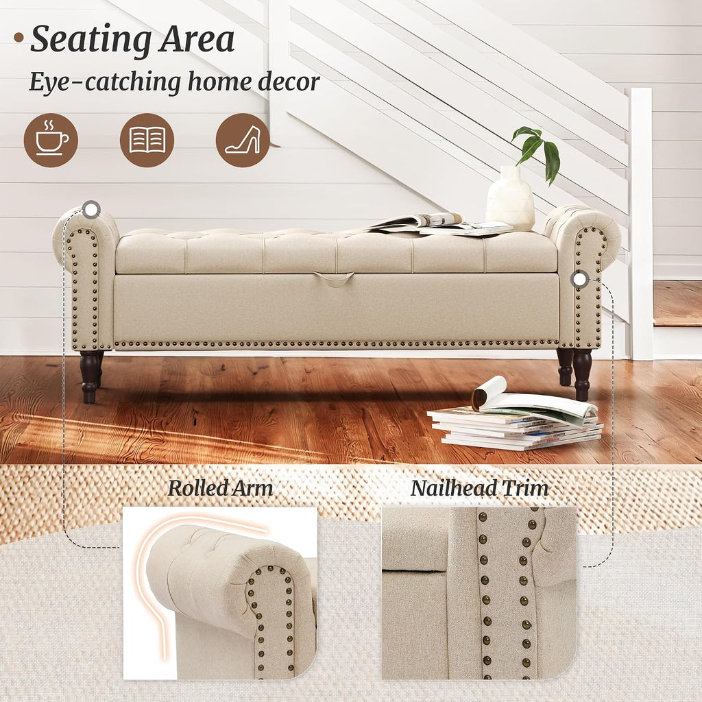 Cozyman Storage Bench Ottoman, 61" Long King Linen Rolled Arm Bedroom End of Bed Bench, Window Bench with Button Tufted and Nailhead Trim for Foot of Bed Bench, Bedroom, Entryway, Living Room, Wheat
