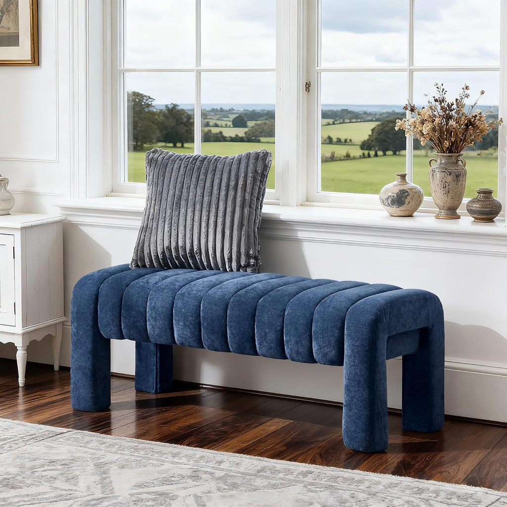 43’’ Bedroom Bench, Upholstered End of Bed Bench with Solid Wood Legs, Modern Small Dining Bench with Full Covered Fabrics for Entryway, Bedroom, Living Room (Blue, Chenille)