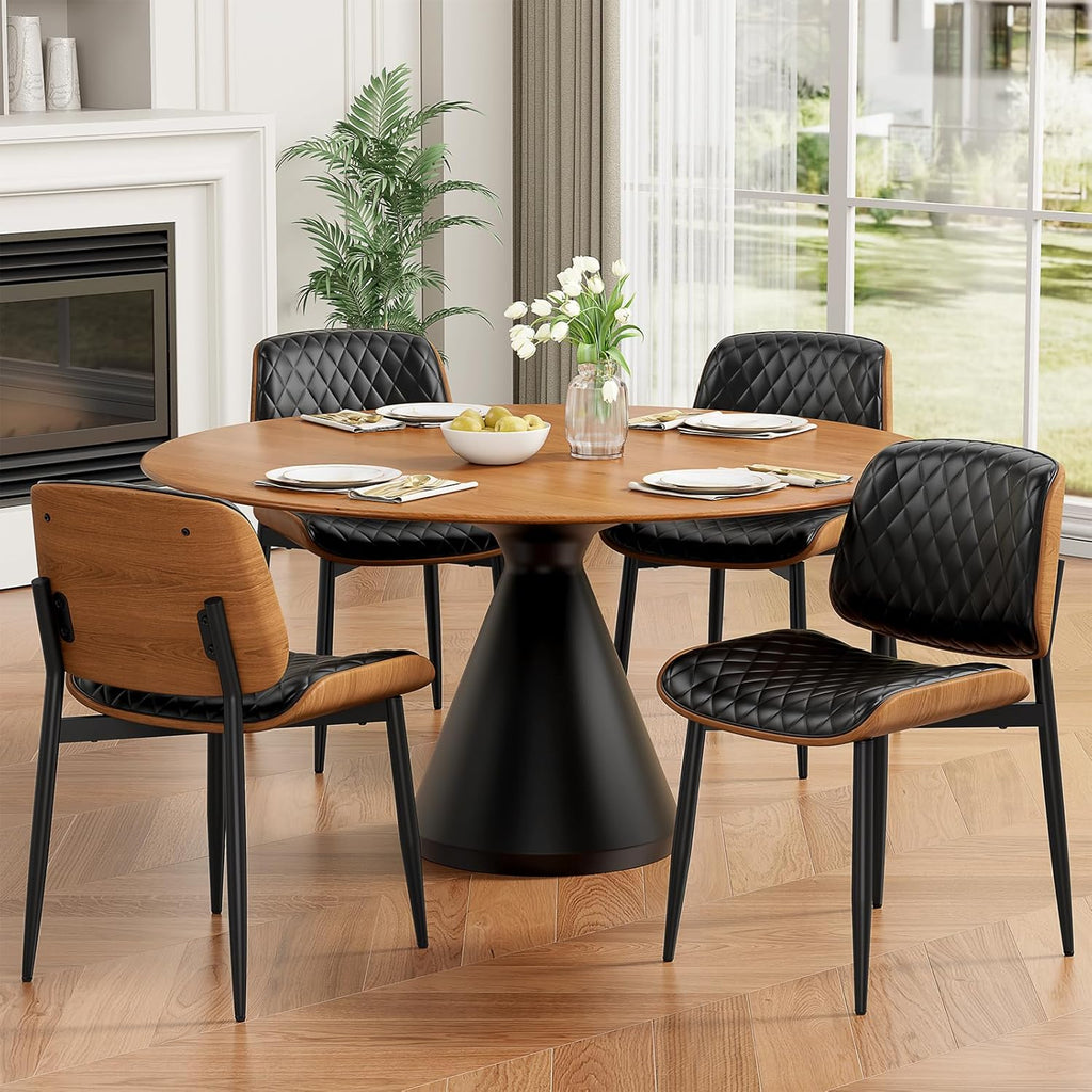 REONEY Dining Chairs Set of 4, Mid-Century Modern Upholstered PU Leather Chairs with Walnut Back and Metal Legs Adjustable Feet for Kitchen Dining Room, Black Diamond Plaid