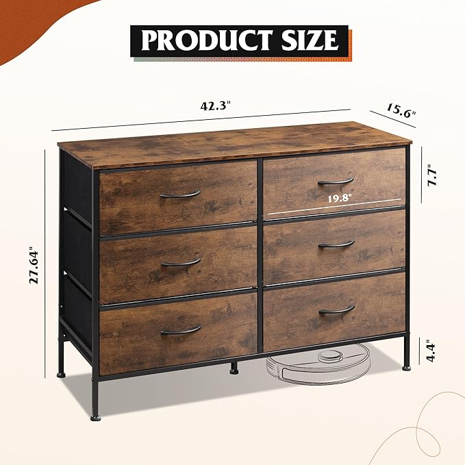 WLIVE Dresser for Bedroom with 6 Drawers, Wide Fabric Dresser TV Stand for 50 Inches TV, with Metal Frame, Wooden Top, Fabric Storage Dresser for Bedroom, Hallway, Entryway, Rustic Brown
