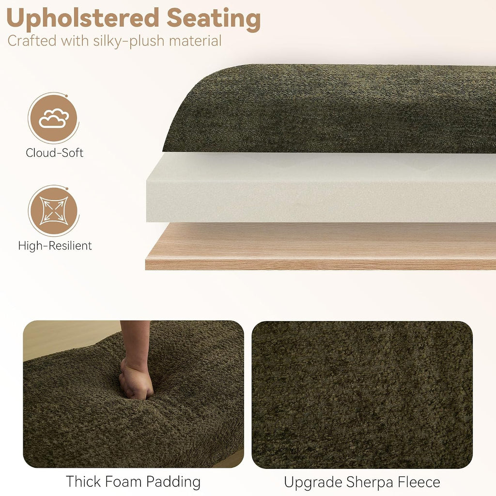 43" Upholstered End of Bed Bench, Entryway Bench with Curved Armrests, Modern Bedroom Bench Seat with Solid Wood Frame for Living Room, Hallway, Green