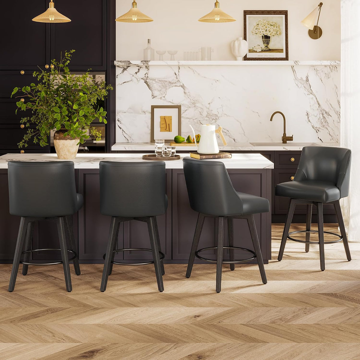 26" Counter Height Swivel Bar Stools, Set of 4, Black Grey | Faux Leather Upholstered Counter Barstools with Backs, Solid Wood Legs for Kitchen Island, Home Bar Chairs