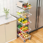 SAYZH 5-Tier Fruit Basket Stand with Vegetable Baskets for Kitchen, White | Stackable Metal Wire Basket, Sturdy Rolling Storage Carts for Kitchen, Pantry Organizer, Snack and Jar Storage