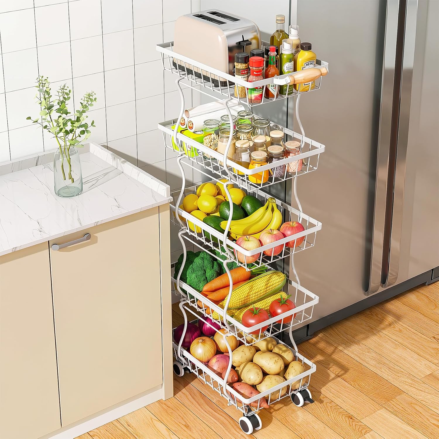 SAYZH 5-Tier Fruit Basket Stand with Vegetable Baskets for Kitchen, White | Stackable Metal Wire Basket, Sturdy Rolling Storage Carts for Kitchen, Pantry Organizer, Snack and Jar Storage