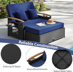 Moccha Outdoor Wicker Daybed, Patio Rattan Loveseat Sofa w/ 4-Level Adjustable Backrest, Folding Panels, Storage Ottoman & Cushions, Lounge Furniture Set for Poolside Backyard Porch (Navy & Black)