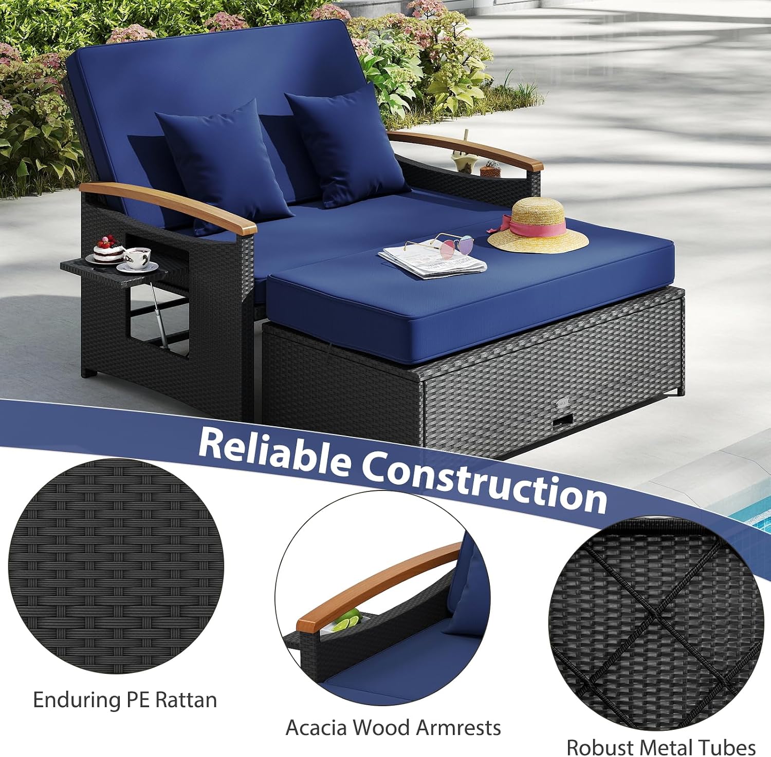 Moccha Outdoor Wicker Daybed, Patio Rattan Loveseat Sofa w/ 4-Level Adjustable Backrest, Folding Panels, Storage Ottoman & Cushions, Lounge Furniture Set for Poolside Backyard Porch (Navy & Black)