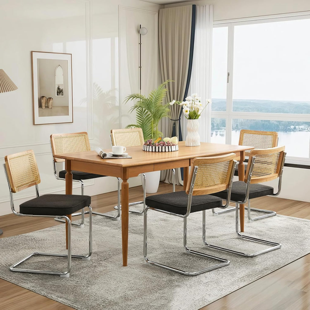 Rattan Back Linen Dining Chair Set of 6 Modern Stainless Chrome Base Armless Upholstered Side Chair for Dining Room, Kitchen Island,Black