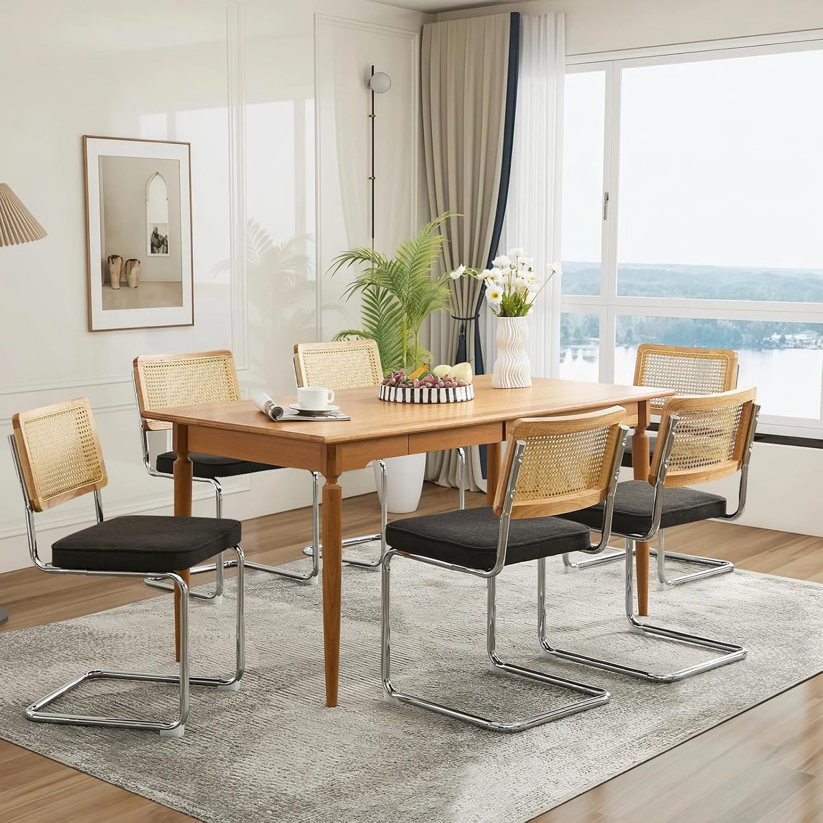 Rattan Back Linen Dining Chair Set of 6 Modern Stainless Chrome Base Armless Upholstered Side Chair for Dining Room, Kitchen Island,Black