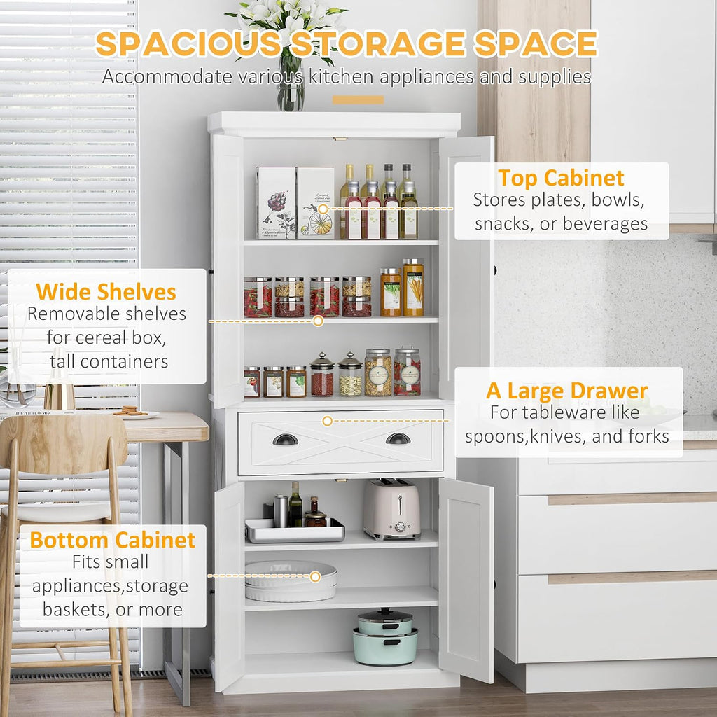 HOMCOM 72" Kitchen Pantry Storage Cabinet, Traditional Freestanding Pantry Cabinet with 4 Doors and 2 Adjustable Shelves, Large Central Drawer, X-Frame, White