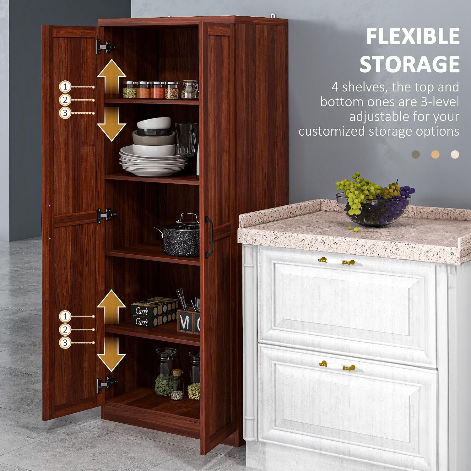 Modern 63 inch Pantry Storage Cabinet with Two Doors and Five Tier Shelves Focusing on Sleek Kitchen Organization and Space-Saving Solutions