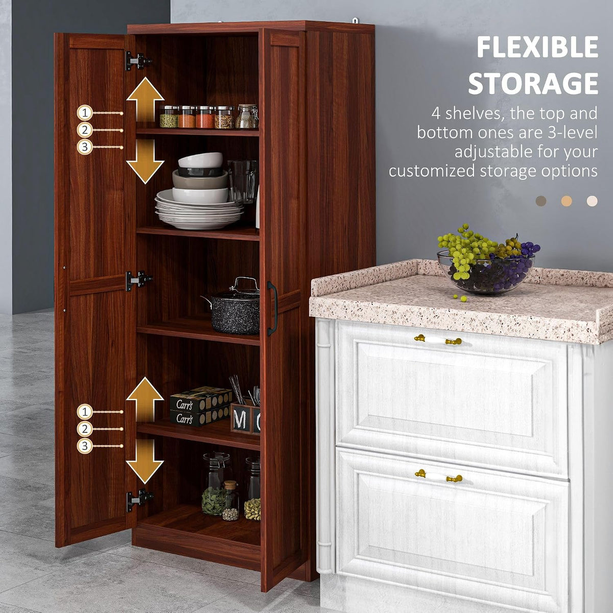 63in High Kitchen Pantry Storage Cabinet — 2 Doors, 5-Tier Adjustable Shelves, 23.5in Width x 15.75in Depth x 63in Height, 88lb Total Capacity, Tan