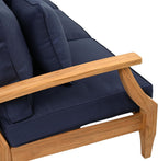 SAFAVIEH Couture Outdoor - Martinique 3-Seat Sofa - Natural & Navy - Teak Wood - Slatted Coastal Design - Ideal for Patio, Deck, Porch, Backyard, 18.3" Seat Height (CPT1013J)
