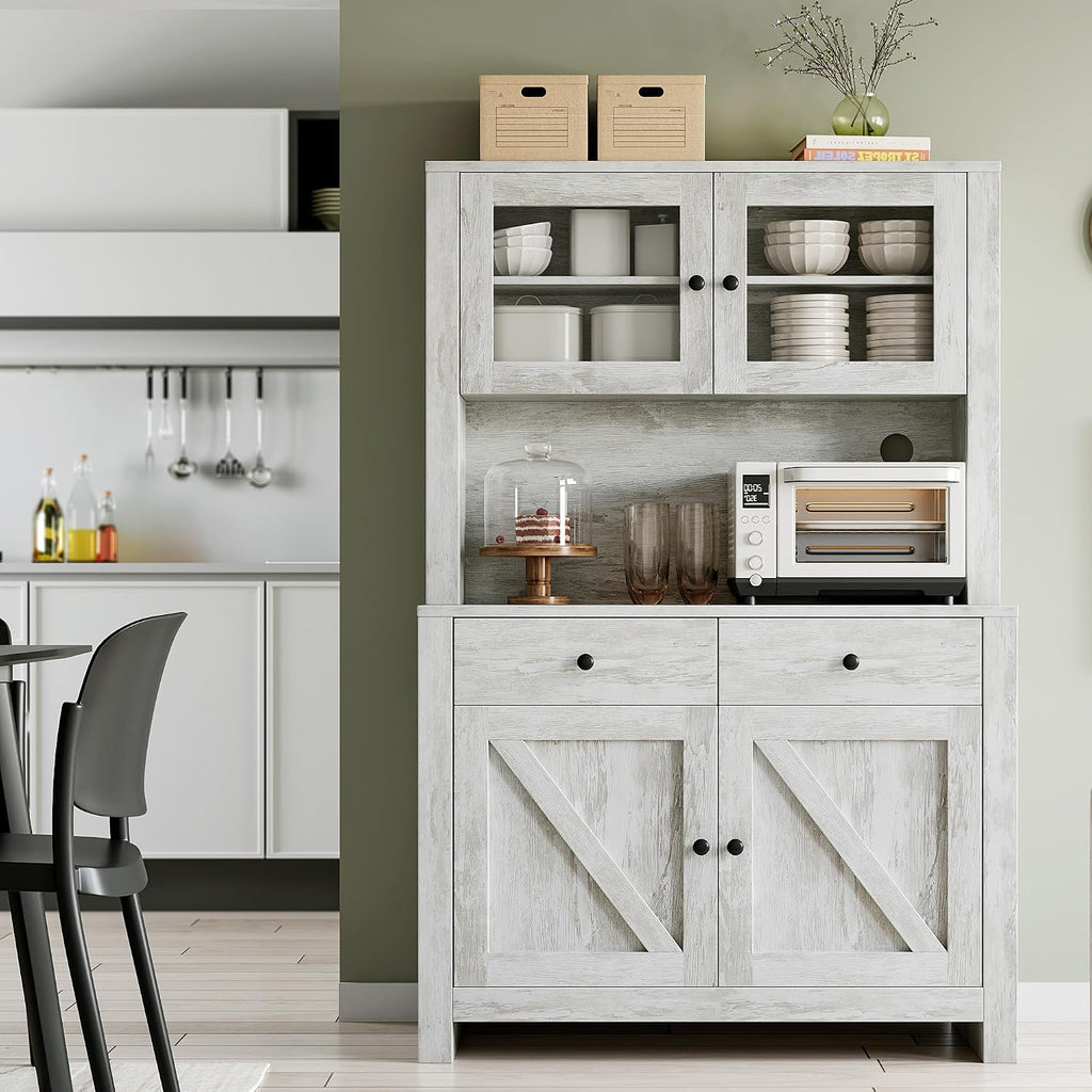 TrailBlaze Freestanding Pantry Cabinet with Microwave Stand - Coffee Bar & Buffet Hutch - 4 Doors and Adjustable Shelves - Tall Storage Cupboard for Dining Room - Color: Grey