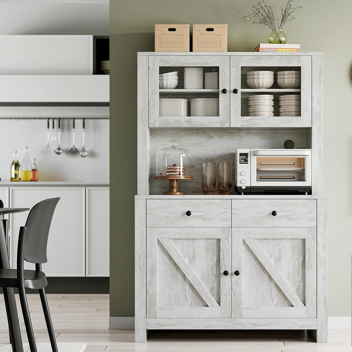 TrailBlaze Freestanding Pantry Cabinet with Microwave Stand - Coffee Bar & Buffet Hutch - 4 Doors and Adjustable Shelves - Tall Storage Cupboard for Dining Room - Color: Grey