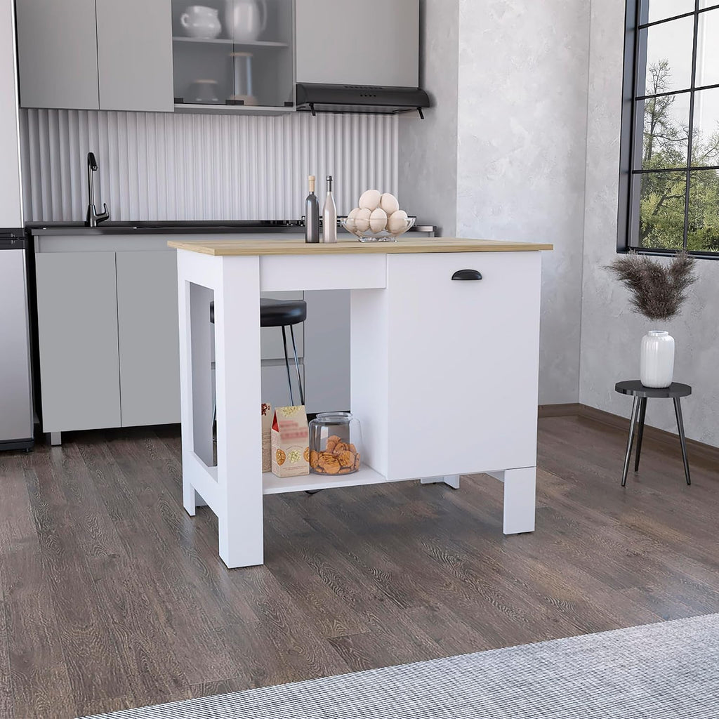 Kitchen Island, Single Door Cabinet, Shelf White/Macadamia | Includes two internal storage shelves for organized kitchen essentials