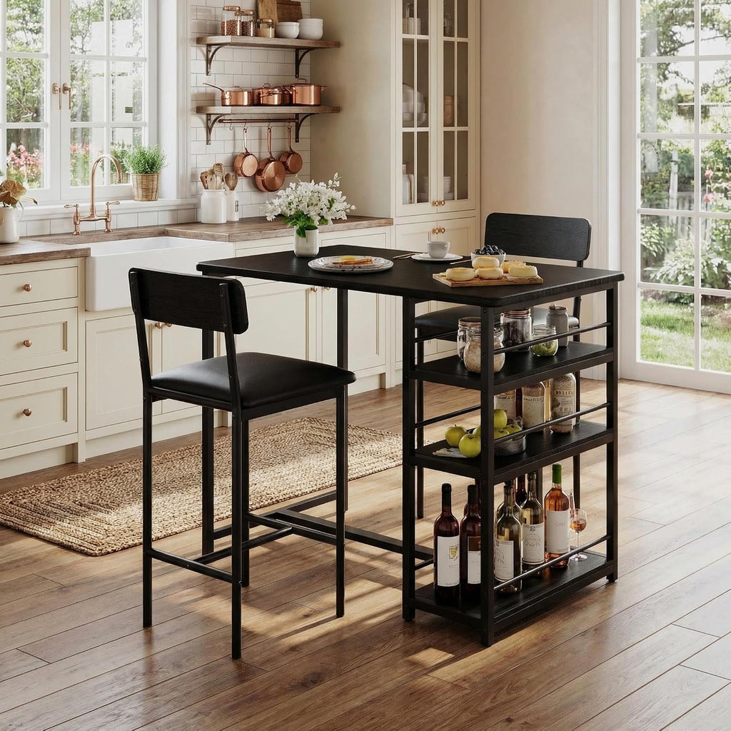 IDEALHOUSE Dining Table Set for 2, Counter Height Kitchen Table and Chairs, Bar Table Set with 2 Upholstered Bar Stools, 3 Piece Dining Room Table Set for Small Space, Apartment, Retro Black