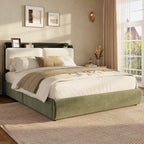 Garvee Queen Upholstered Bed Frame with Shelf & Drawers - Green & Beige