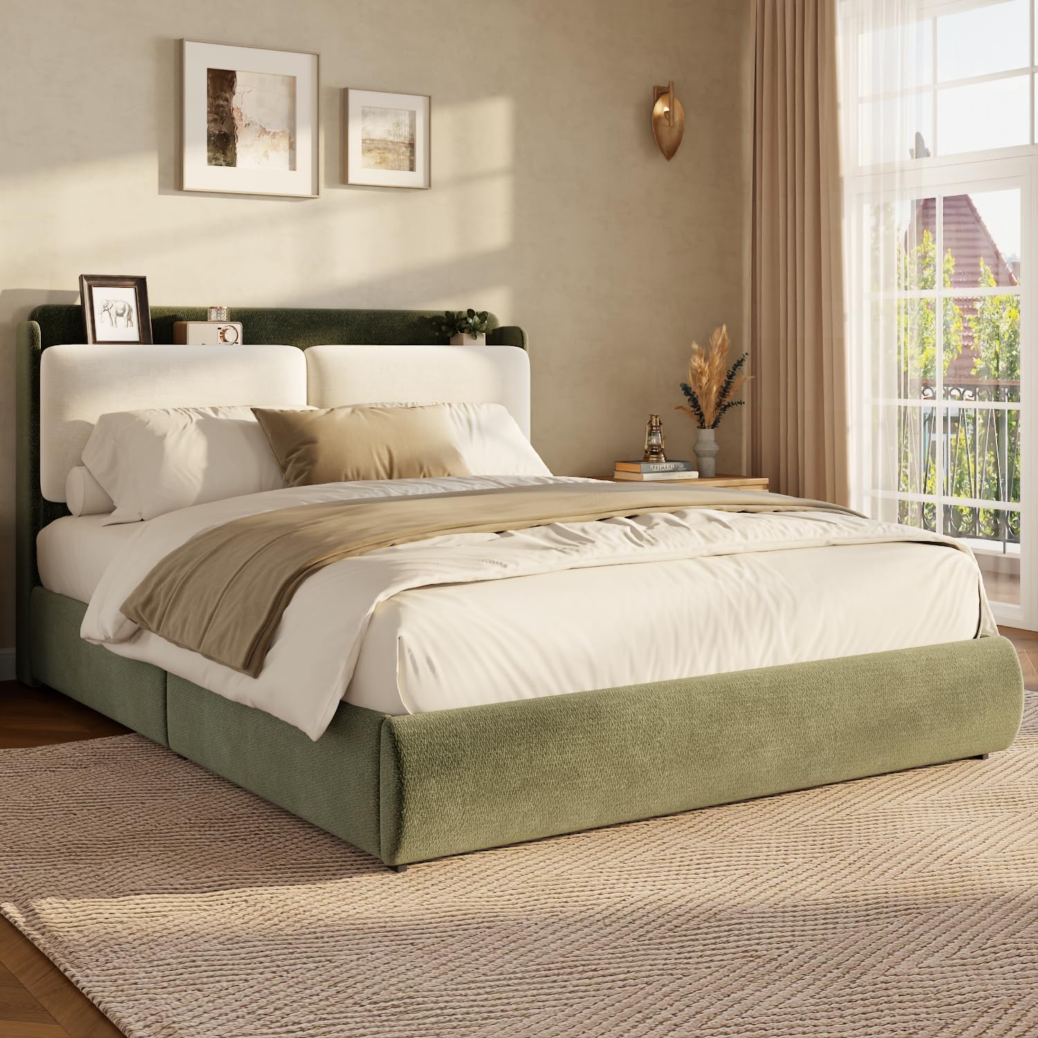 Garvee Queen Upholstered Bed Frame with Shelf & Drawers - Green & Beige