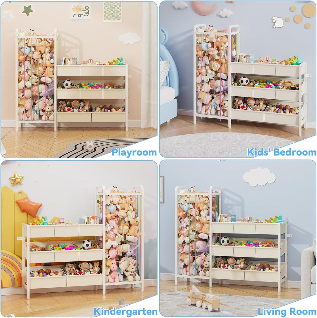 B6 Toy Storage Organizer with Stuffed Animal Storage, White | 3-Tier Wooden Shelves and 8 Bins, Toy Shelf Organizer, Kids Bookshelf and Toy Storage for Kids Room Bedroom Playroom Nursery