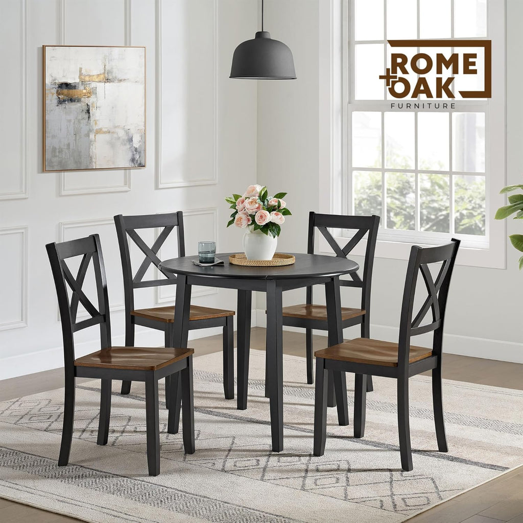 ROME + OAK X-Back Farmhouse Wooden Armless Dining Chairs in Black/Dark Brown, Set of 4 - Indoor Home Kitchen Seating Furniture