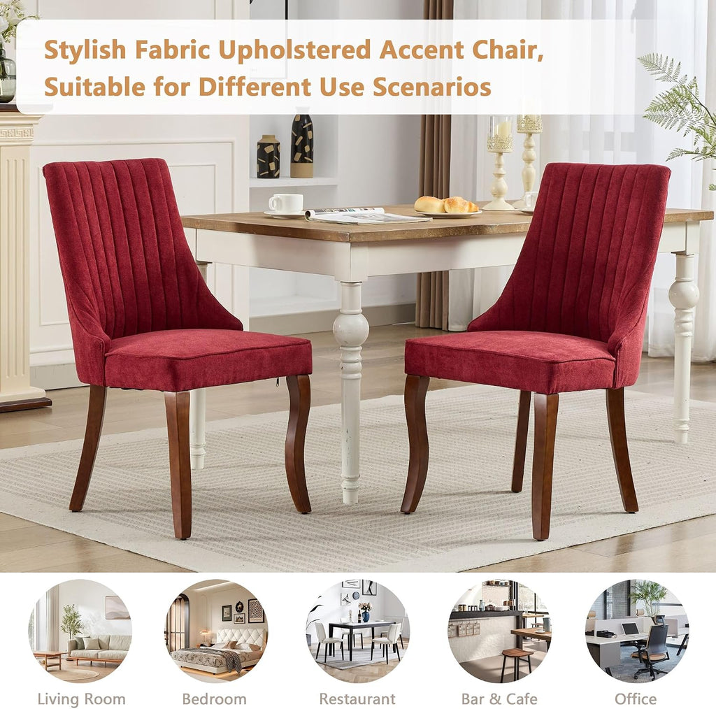 Aoowow Linen Blend Upholstered Dining Chairs Set of 2,Channel Tufted Dinner Chairs for Kitchen with Solid Wood Legs,Neutral Fabric Side Chairs for Dining Room,Living Room(Wine Red)
