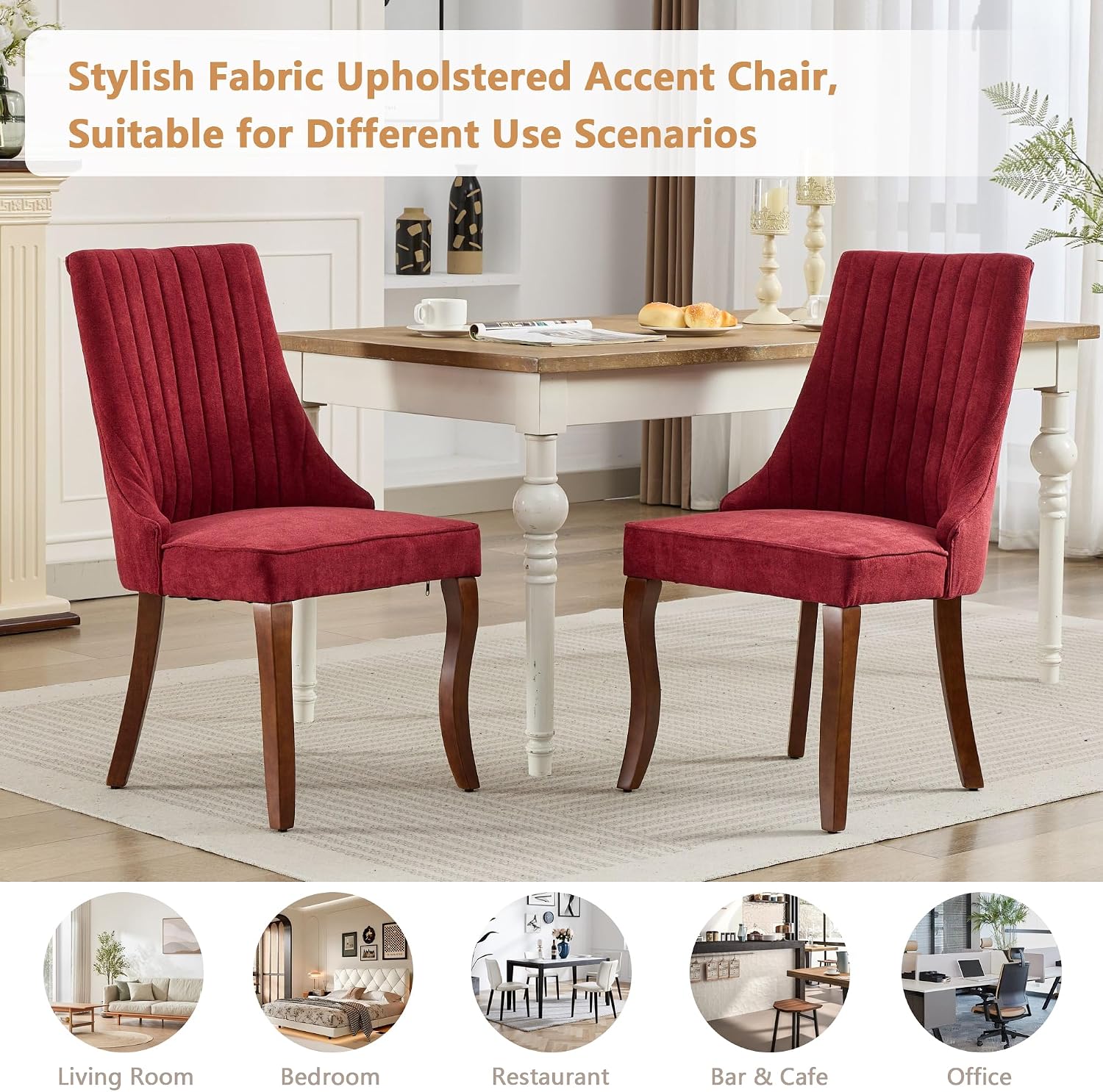 Aoowow Linen Blend Upholstered Dining Chairs Set of 2,Channel Tufted Dinner Chairs for Kitchen with Solid Wood Legs,Neutral Fabric Side Chairs for Dining Room,Living Room(Wine Red)