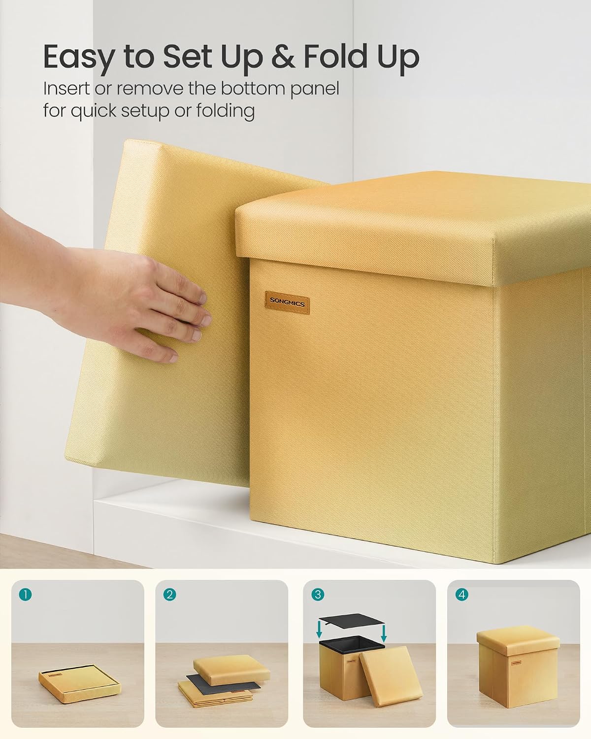 SONGMICS Folding Storage Ottoman Bench, Linen Fabric, Storage Chest, Foot Rest Stool, Holds up to 286.6 lb, 11.8 x 11.8 x 11.8 in, Bedroom Bench, Orange-Gold Ombre, Minota Collection ULSF028X301