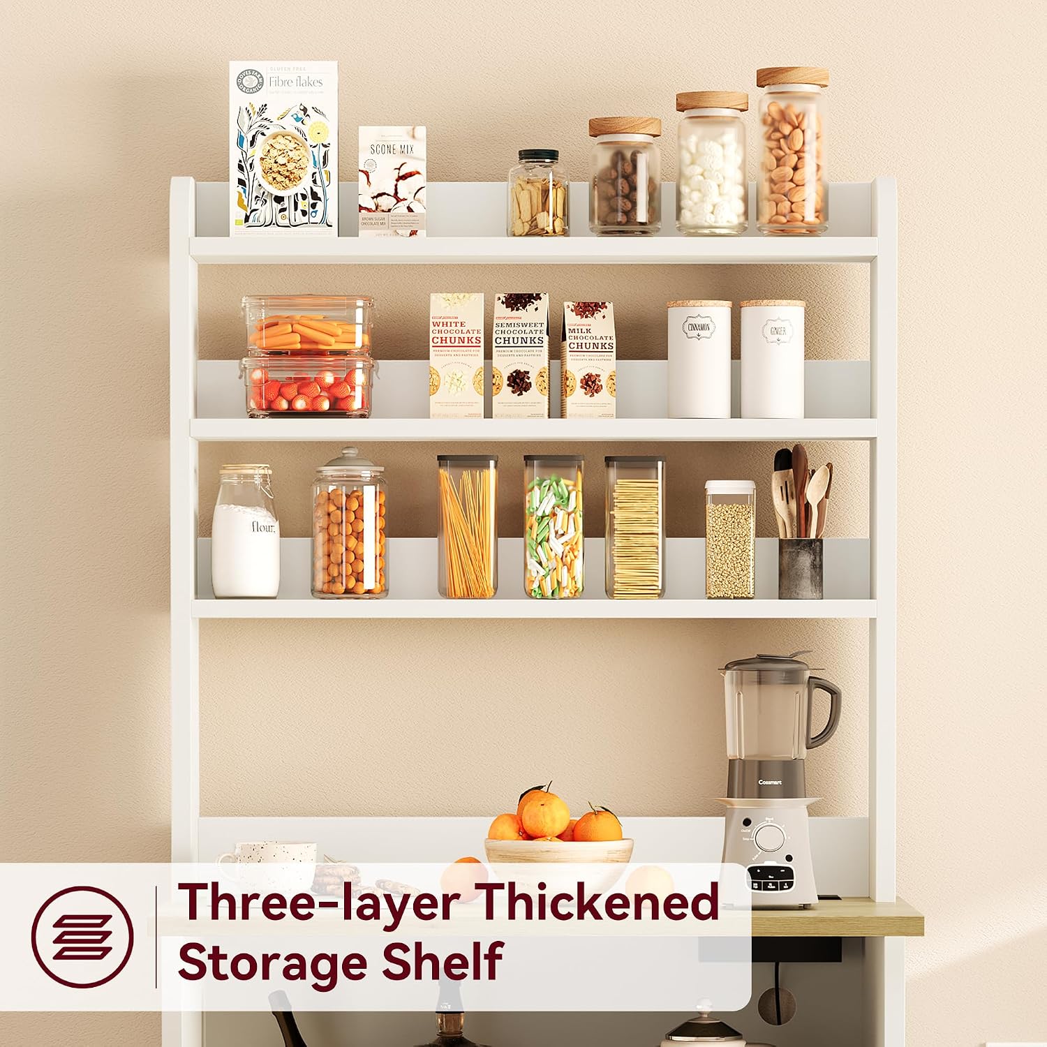 IDEALHOUSE Bakers Rack with Storage Cabinet, Microwave Stand with Power Outlets, Farmhouse Bakers Rack with Thick Table Top, Small Kitchen Bakers Rack for Kitchen,Dining Room,White & Peer Wood