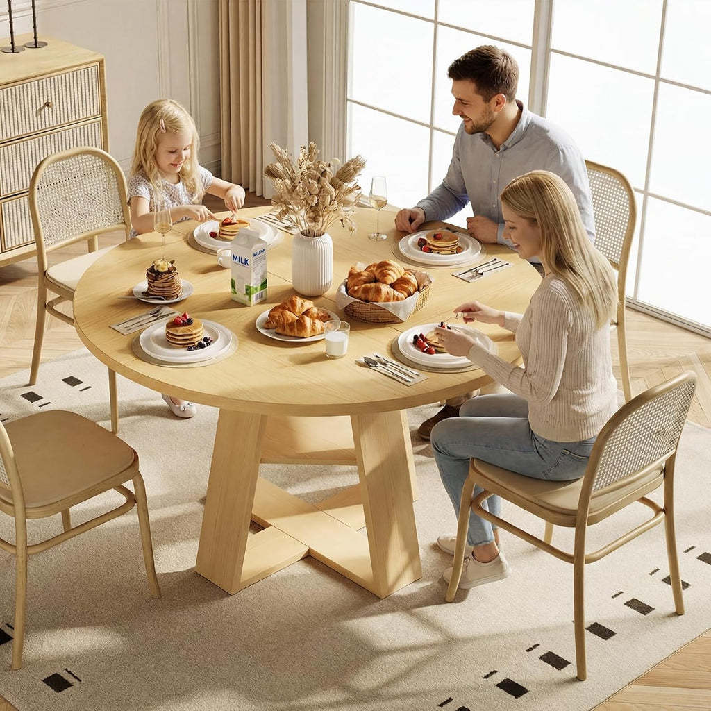 47.2" Round Dining Table for 4-6, Circle Kitchen Table with Open Storage Shelf, Farmhouse Dinner Table with Cross Pedestal Base for Dining Room, Kitchen, Living Room, Burlywood