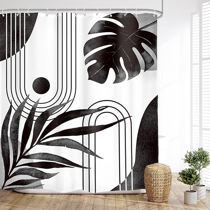 Glawry Boho Black White Shower Curtain Mid Century Abstract Tropical Palm Leaf Modern Minimalist Plant Botanical Bathroom Geometric 60Wx72L Inches Bath Accessories Art Home Decor Fabric 12 Pack Hooks