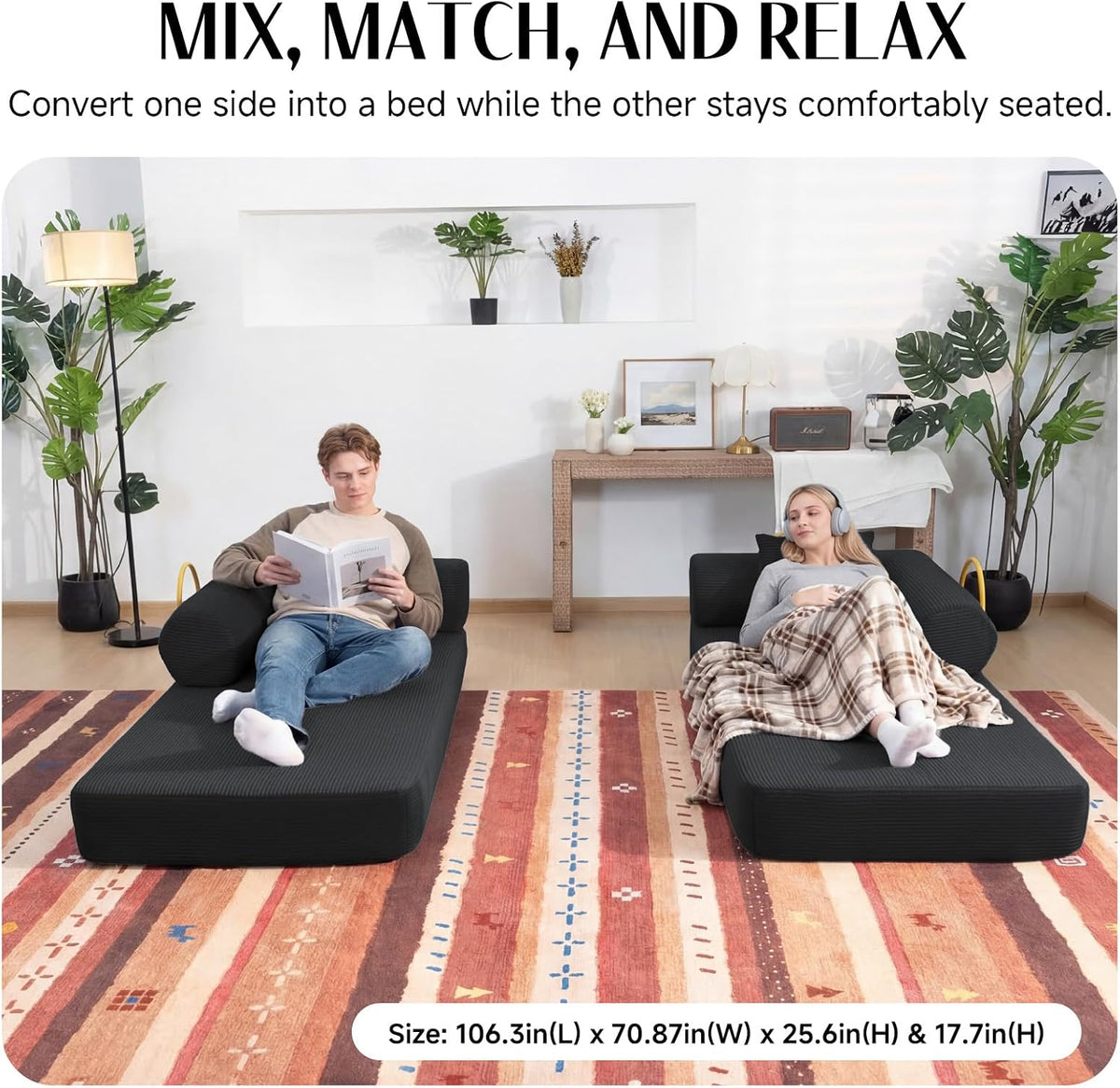 79" Corduroy Sofa Bed, Couch in a Box with 2 Pillows, High-Density Foam 4-in-1 Foldable Sleeper Futon Loveseat for Small Spaces, No Assembly, Side Pockets, Hex Arm Black
