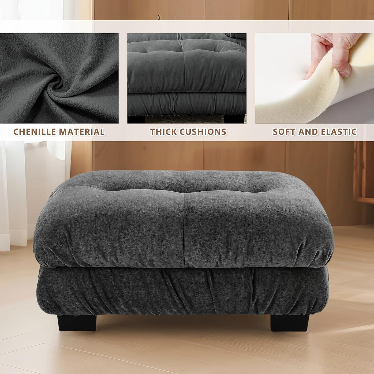 Upholstered Ottoman Footstool with Cushion for Sectional Sofa Couch 300lbs for Living Room,Chenille Fabric(Grey)