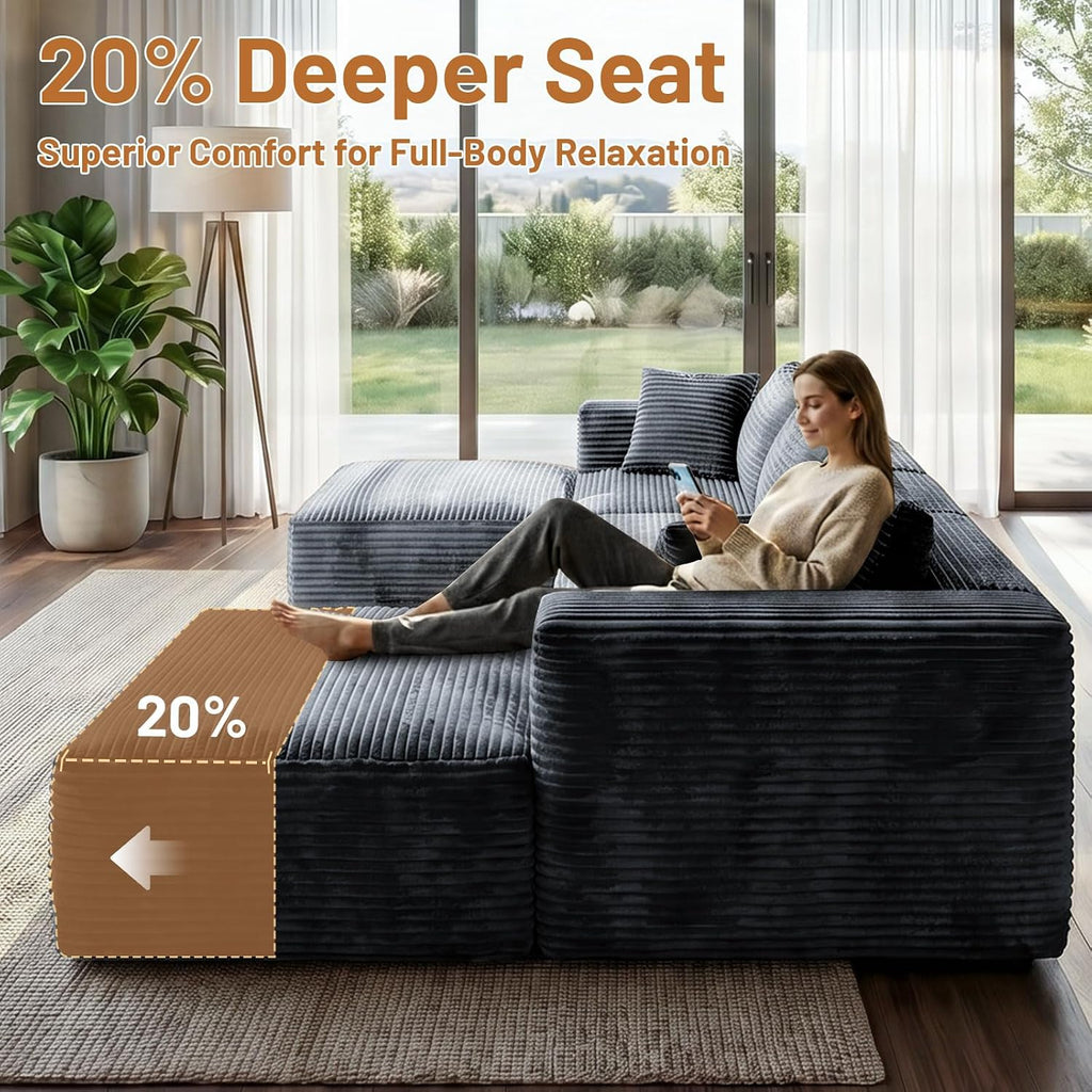 110" Modular Sectional Sofa with 2 Ottomans, U Shaped Cloud Couch for Living Room, Deep Seat Corduroy Floor Sofa, No Assembly Required, Compressed Couch, 5 Seat, Grey
