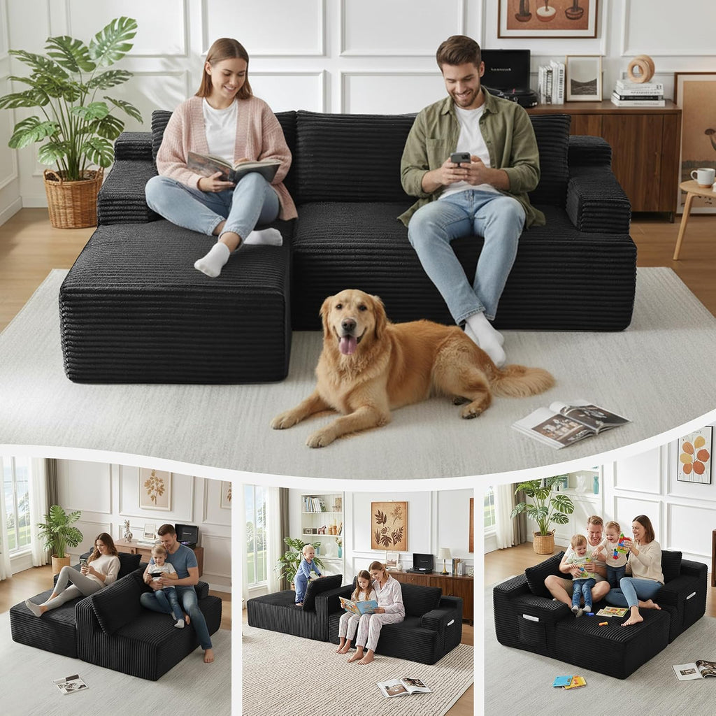Modular Sectional Sofa Couches, 96" L-Shaped Cloud Couch with Left Chaise Lounge & Side Pockets for Living Room | No Assembly Required | Corduroy Fabric, Black