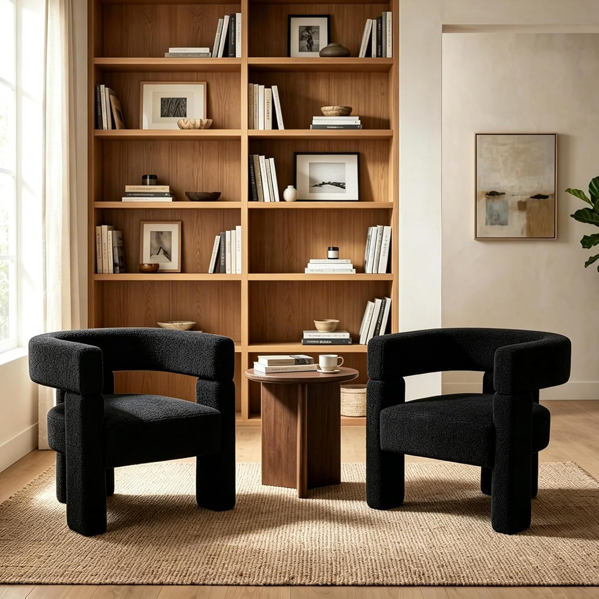 Sherpa Barrel Accent Chairs Set of 2, Modern Boucle Dining Room Chairs, Comfy Upholstered Side Chair with Arm, Cozy Sitting Chair for Bedroom/Kitchen/Living Room/Office, Black