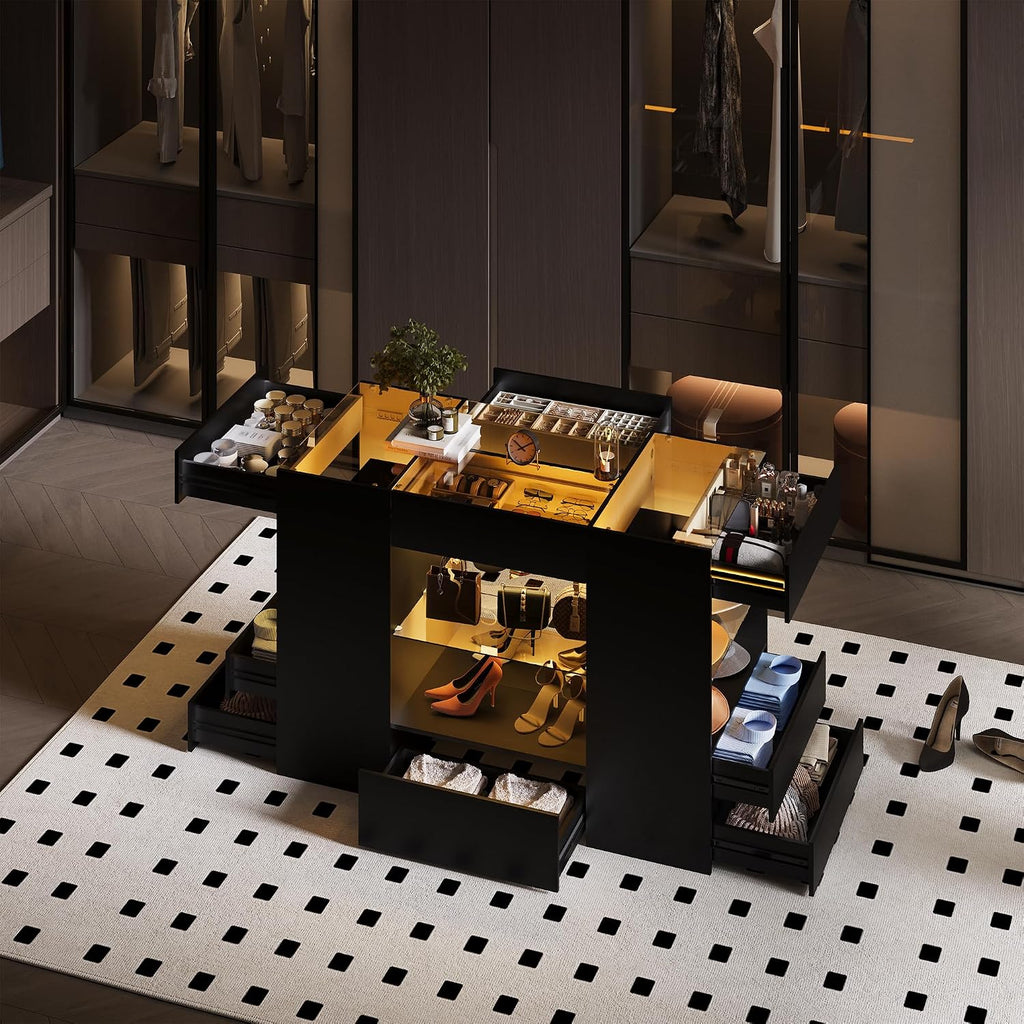 Kikihouse Modern Closet Island with 10 Drawers, LED Wardrobe Armoire Island with Glass Top, Luxury Walk-in Closet Island Storage Cabinet with Display Shelf for Cloakroom, Dressing Room (Black)