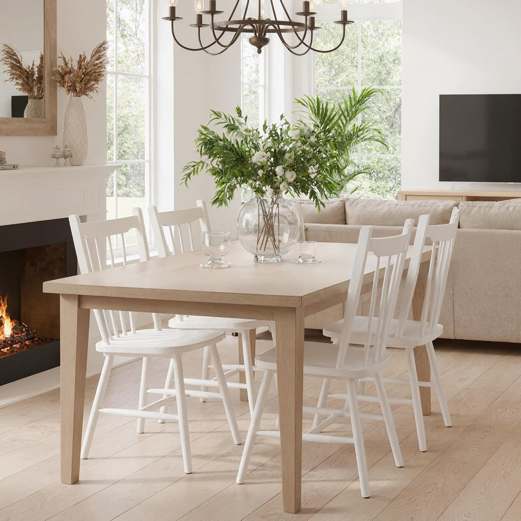 HNY White Windsor Dining Chairs Set of 2, Farmhouse Wooden Kitchen Chairs with Spindle Back, Mid Century Modern Armless Kitchen Side Chair for Dining Living Room Restaurant